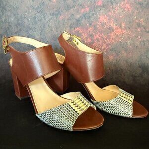 Vince Camuto Snakeskin brown leather open toe block heel sandal size 10 women